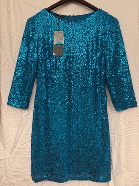 Teal Sequin Mini Dress with Three-Quarter Sleeves